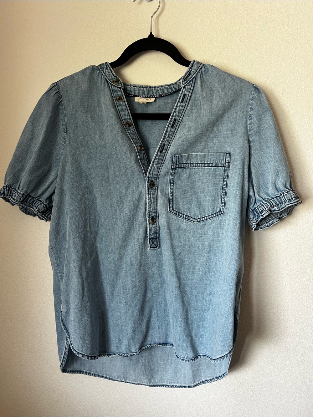 Pilcro Anthropologie Chambray Blouse Small Puff Sleeve Denim Top